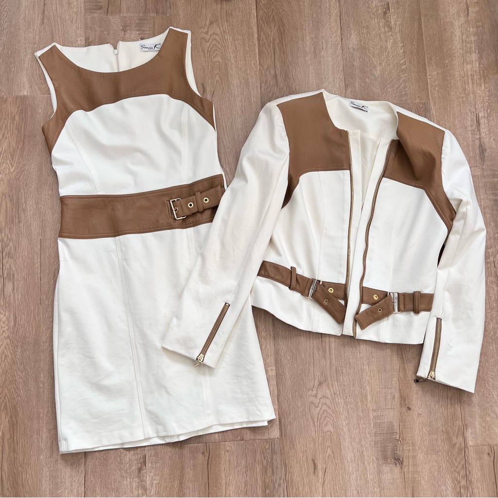 Sonia K Paris France Women’s Suit 2 Pcs Jacket Dress Size T2 White Brown Rare